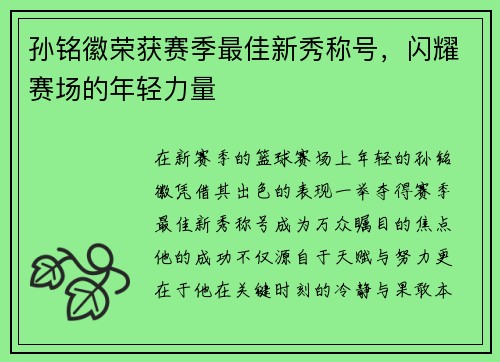 孙铭徽荣获赛季最佳新秀称号，闪耀赛场的年轻力量