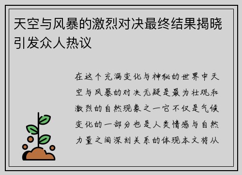 天空与风暴的激烈对决最终结果揭晓引发众人热议