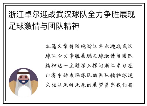 浙江卓尔迎战武汉球队全力争胜展现足球激情与团队精神