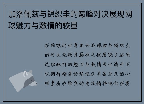 加洛佩兹与锦织圭的巅峰对决展现网球魅力与激情的较量