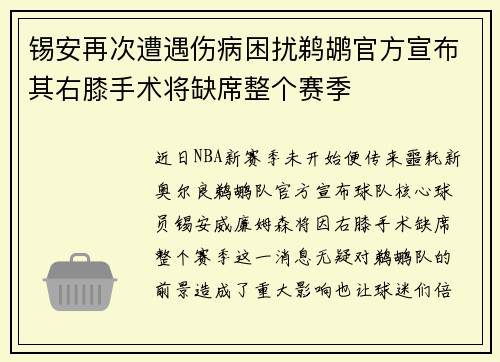 锡安再次遭遇伤病困扰鹈鹕官方宣布其右膝手术将缺席整个赛季