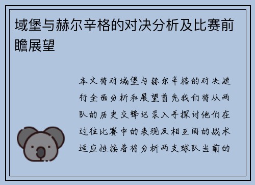 域堡与赫尔辛格的对决分析及比赛前瞻展望