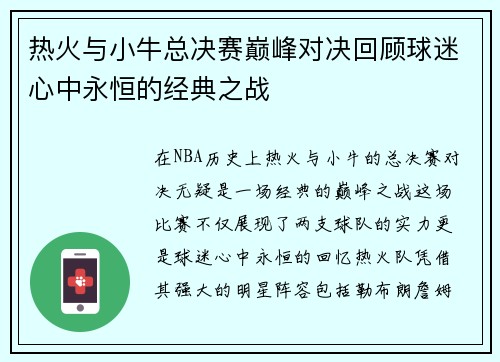 热火与小牛总决赛巅峰对决回顾球迷心中永恒的经典之战