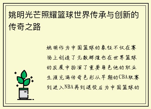 姚明光芒照耀篮球世界传承与创新的传奇之路