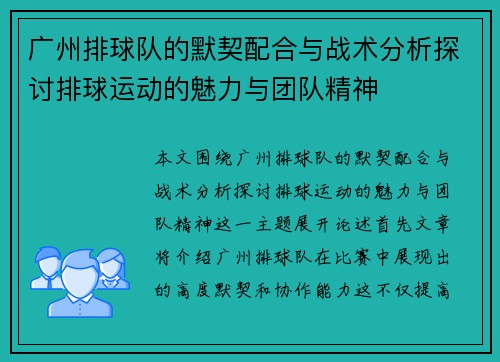 广州排球队的默契配合与战术分析探讨排球运动的魅力与团队精神