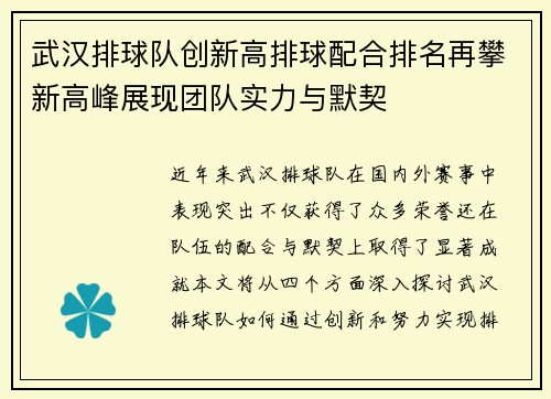 武汉排球队创新高排球配合排名再攀新高峰展现团队实力与默契