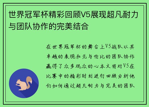 世界冠军杯精彩回顾V5展现超凡耐力与团队协作的完美结合
