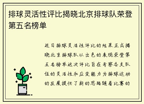 排球灵活性评比揭晓北京排球队荣登第五名榜单